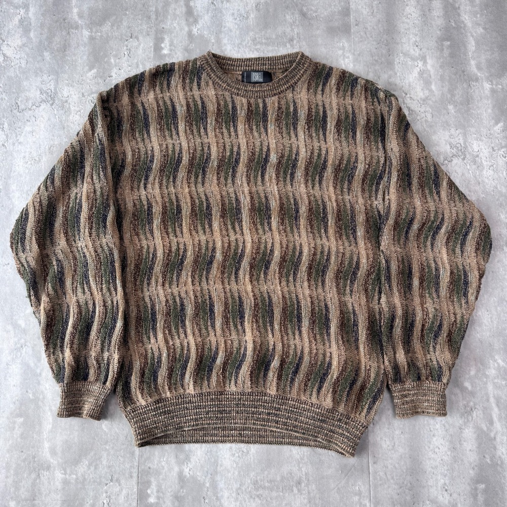 Vintage TSR Sweater Mens M Brown Abstract 3D Knit Grandpa Earth Tone 90s Turkey